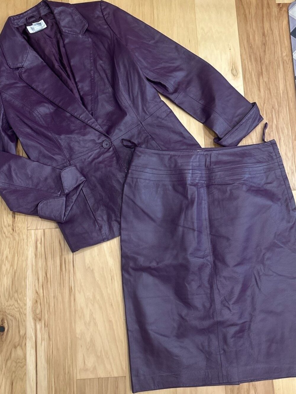 Vintage Leather Purple Blazer Suit with cuff sleeves and Pencil Skirt Set
